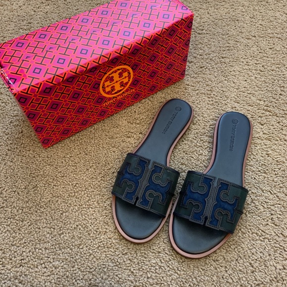 NEW 9.5 Tory Burch Ines Mesh Slide Black NavyGreen - Picture 5 of 10